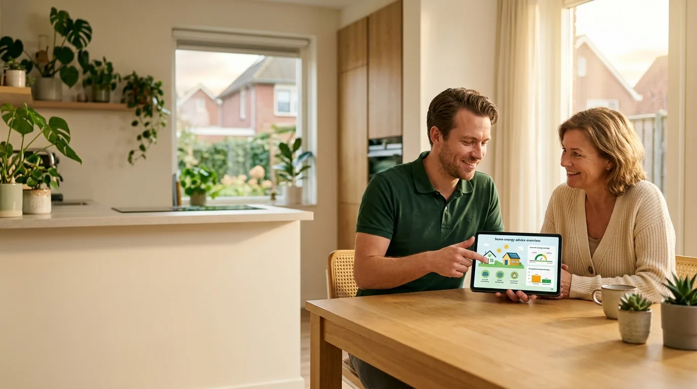Een adviseur laat aan de keukentafel het verduurzamingsadvies zien op een tablet.