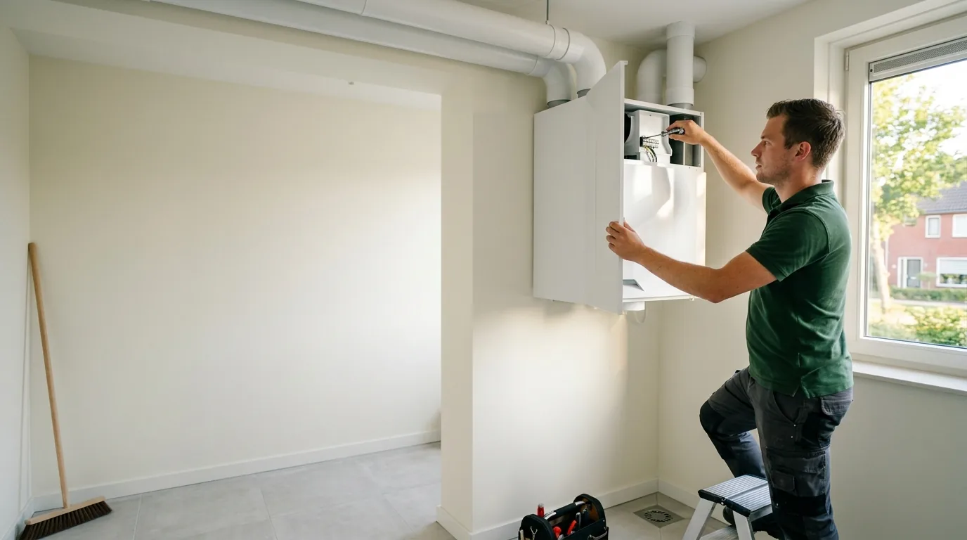 Een monteur hangt een ventilatie-unit op in een woning.