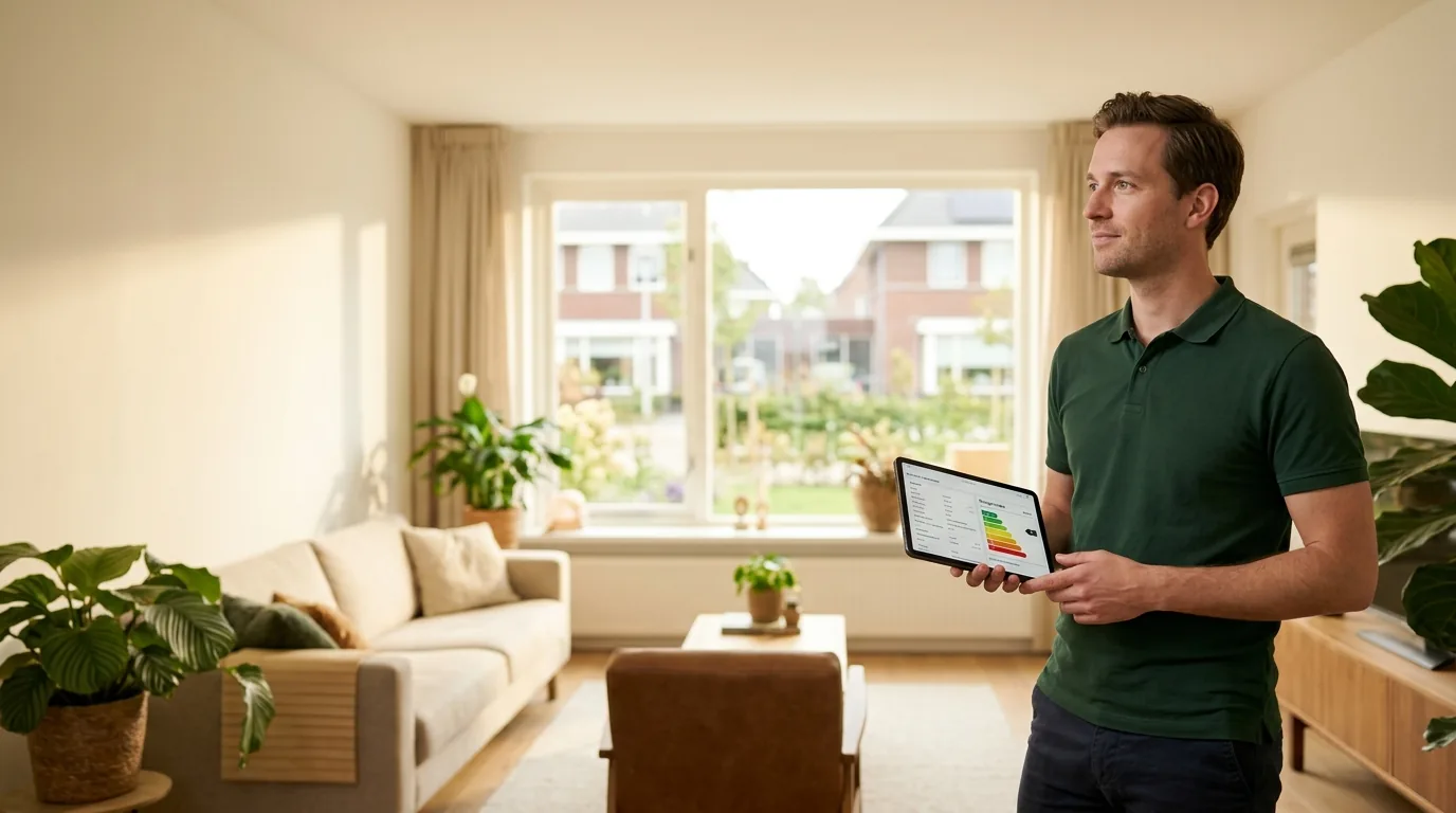 Een adviseur neemt een woonkamer op voor het energielabel.