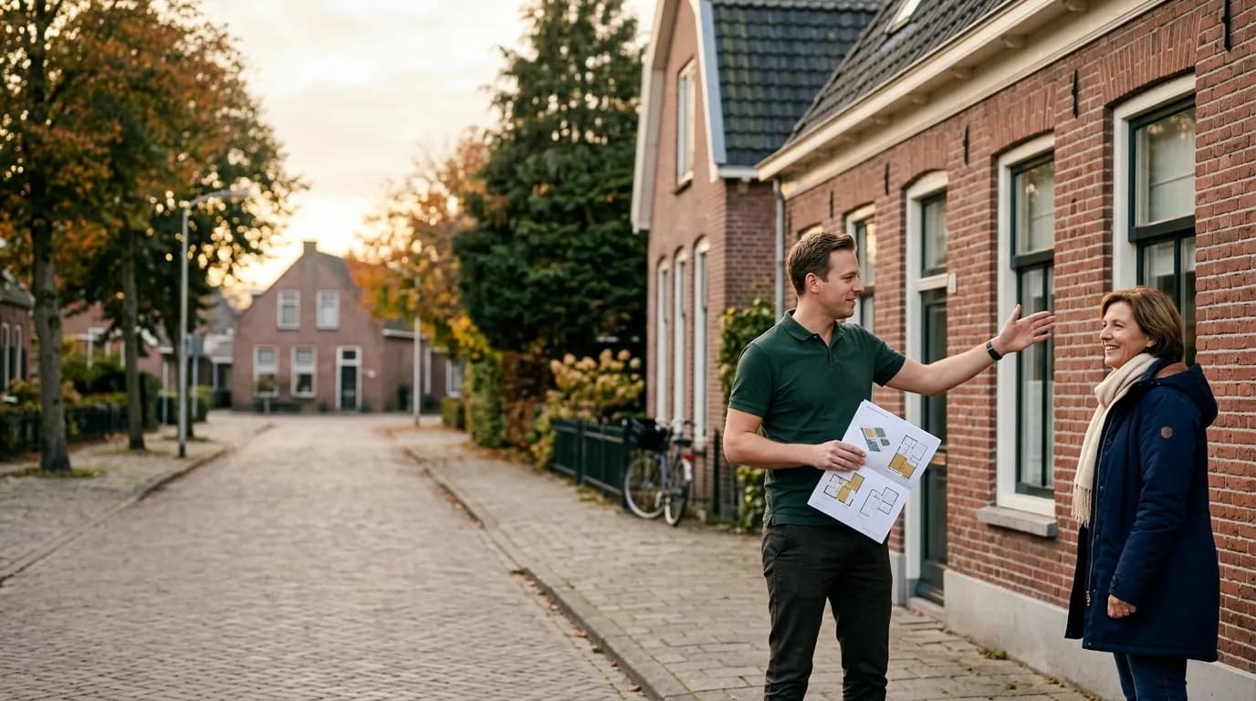 Een adviseur bespreekt het isolatieplan met een bewoner in een Groningse straat.
