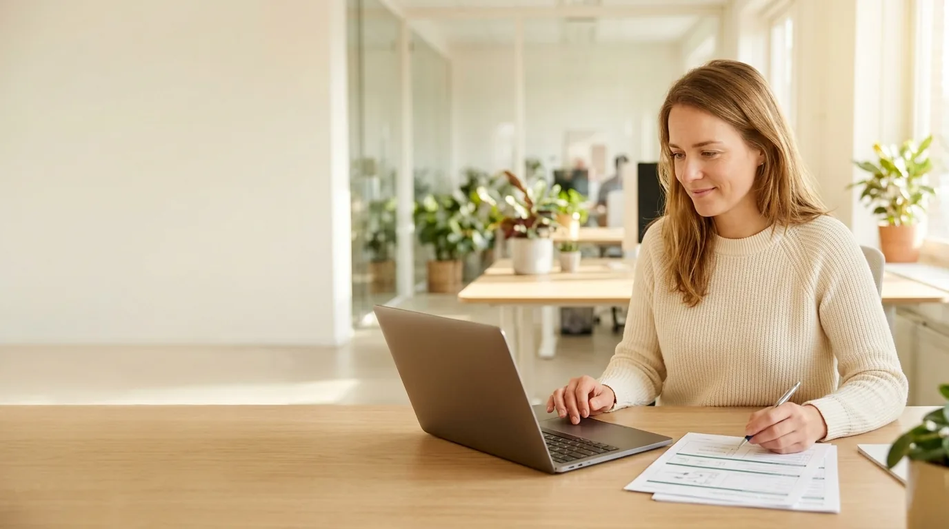 Een medewerker vult op kantoor een subsidieaanvraag in op haar laptop.