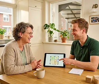 Een adviseur bespreekt aan de keukentafel de plattegrond van een woning met de bewoner.