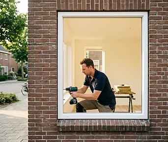 Een monteur werkt aan een nieuw kunststof kozijn, gezien vanaf de straat.