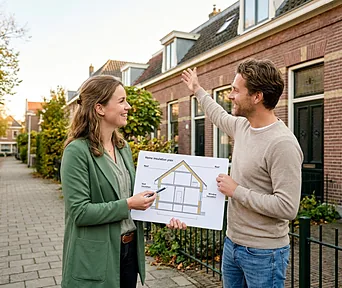 Een adviseur bespreekt het isolatieplan met een bewoner voor de deur van zijn woning.