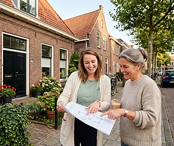 Twee bewoners bekijken samen de plattegrond van hun woning op straat.