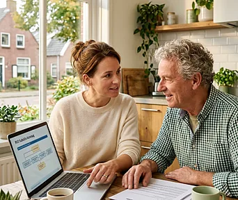 Twee bewoners vullen aan de keukentafel samen de subsidieaanvraag in op een laptop.